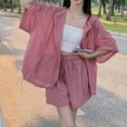 Set: Short-sleeve Hooded Zip Jacket + Wide Leg Shorts