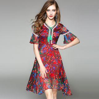 Elbow-sleeve Lace-trim Print A-line Dress