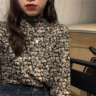 Long-sleeve Floral Turtle-neck T-shirt Floral - One Size