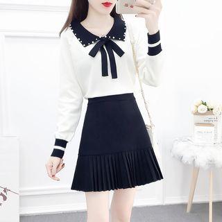 Set: Contrast Trim Bow-accent Knit Top + Pleated Skirt