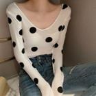 Long-sleeve V Neck Dotted T-shirt