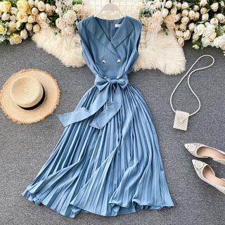 Sleeveless V-neck Lace-up Strap Accordion Pleat Dress