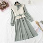 Set: Dotted Long-sleeve Midi A-line Dress + Knit Vest