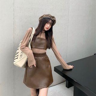 Faux Leather Mini Skirt / Spaghetti Strap Crop Top / Long-sleeve Mock-neck Top