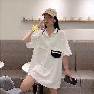 Short-sleeve Polo Collared Two-tone Top