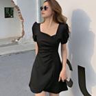 Short-sleeve Square-neck Shirred Plain Dress