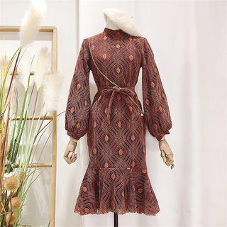 Lantern Sleeve Ruffle Hem Lace Midi Dress