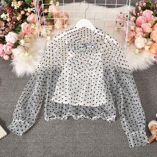 Long-sleeve Dot Print Mesh Blouse