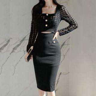Mock Two-piece Long-sleeve Patterned Panel Cutout Sheath Dress