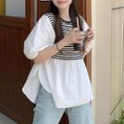 Puff-sleeve Striped Panel Blouse Striped - Black & White - One Size