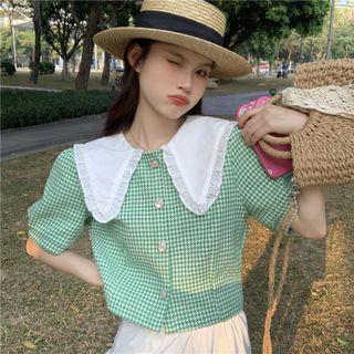 Puff-sleeve Gingham Collared Blouse