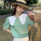 Puff-sleeve Gingham Collared Blouse
