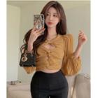 Long-sleeve Knotted Cutout Chiffon Crop Top