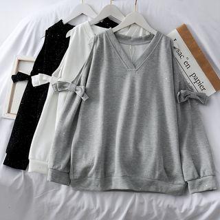 Off-shoulder Ribbon V-neck Pullover
