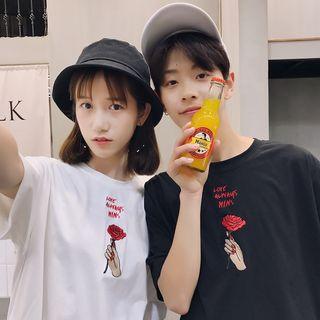 Couple Matching Rose Embroidered T-shirt