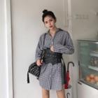 Set Of 2: Plaid Long-sleeve Shirt Dress + Faux Leather Corset Belt