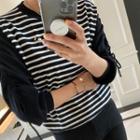 Drawcord-sleeve Striped Knit Top