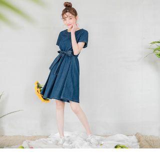 Tie-waist Short Sleeve Denim A-line Dress