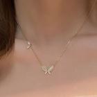 Butterfly Faux Cat Eye Stone Pendant Alloy Necklace Gold & White - One Size