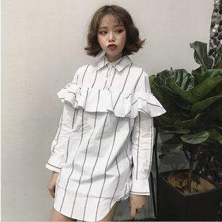 Pinstripe Ruffle Long-sleeve Shirtdress
