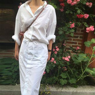 Drawstring Long-sleeve Midi Shirtdress White - One Size