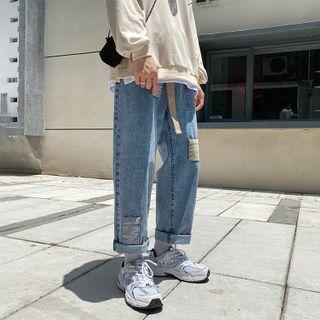 High-waist Panel Ripped Straight Cut Jeans