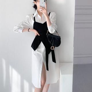 Long Sleeve Plain Shirtdress / Tie-waist Wrapped Vest