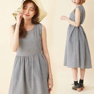 Plaid Sleeveless Midi A-line Dress Black - One Size