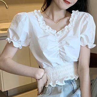 Puff-sleeve V-neck Ruffle Cropped Shirt