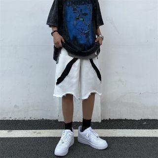 Two-tone Panel Denim Straight Leg Shorts