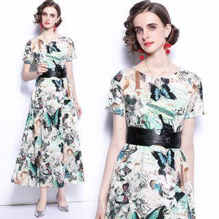 Short-sleeve Butterfly Print Maxi A-line Dress