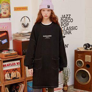 Letter-embroidered Stitched Dress With Belt Black - One Size