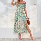 Short-sleeve Off-shoulder Floral Slit Maxi A-line Dress