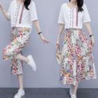 Embroidered Short-sleeve Blouse / Flower Print Midi A-line Skirt / Cropped Wide-leg Pants / Set