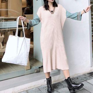 Color Block Elbow-sleeve Knit Dress