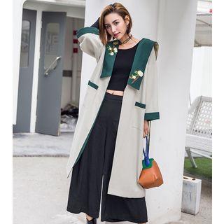 3/4-sleeve Color Block Embroidered Flower Coat