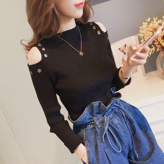 Rhinestone Cold Shoulder Knitted Top