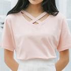Plain Crew-neck Lace-up Loose-fit Short-sleeve Top