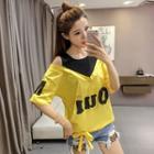 Mock Two-piece Elbow-sleeve Cold Shoulder Letter T-shirt