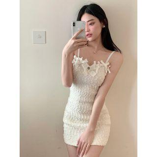 Spaghetti Strap Bow Accent Mini Sheath Dress White - One Size