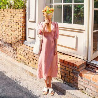 Pintuck-detail 3/4-sleeve Long Linen Dress