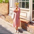 Pintuck-detail 3/4-sleeve Long Linen Dress