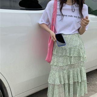 Floral Print Tiered Midi Skirt / Short-sleeve Lettering T-shirt