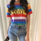 Short-sleeve Lettering Rainbow Block T-shirt