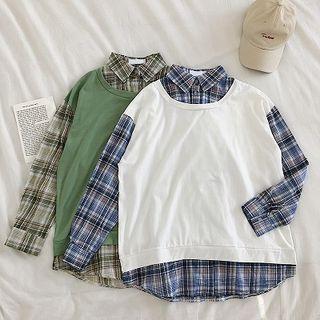 Mock Two-piece Check Panel Crewneck Long-sleeve Blouse