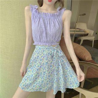 Off-shoulder Cropped Blouse / Flower Print Mini A-line Skirt