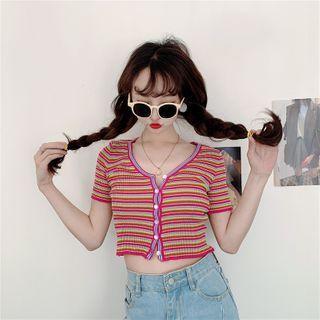 Short-sleeve Striped Knit Cropped Cardigan