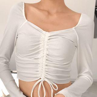 Long-sleeve Plain Drawstring Cropped T-shirt