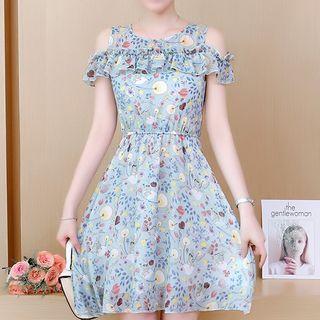 Cutout Shoulder Floral A-line Chiffon Dress