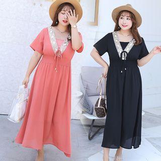 Short-sleeve Sequined Trim Midi Dress